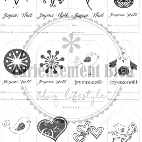 Étiquettes de cadeaux de Noël pour enfants à imprimer : style rétro en noir  et blanc