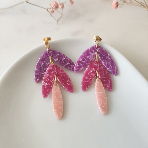 Boucles d'oreilles puces pendantes tricolore en acier inoxydable argile polymere imitation pierre violet, prune et rose pour femme