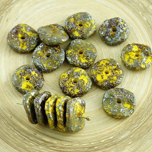 12pcs picasso argent jaune verre tchèque pressé perles rondes agité disque rondelle un trou rustique sku-30098