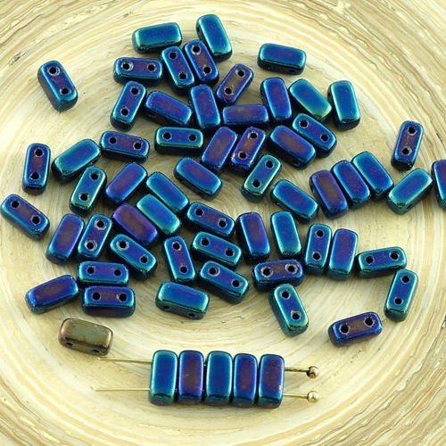 60pcs metallic blue iris rectangle briques barre de verre tchèque perles 2 trous de 3mm x 6mm sku-30117
