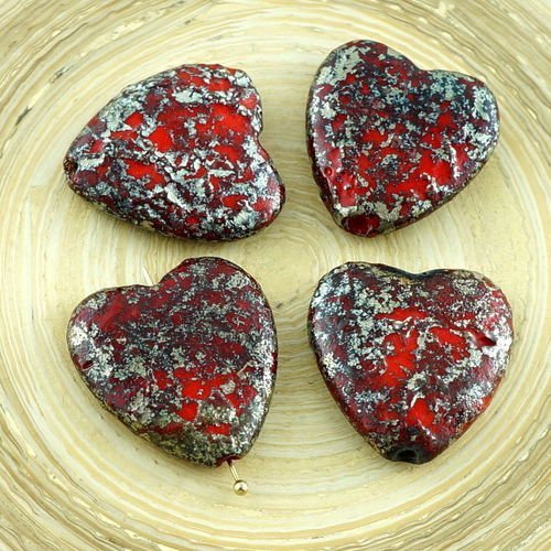 2pcs grand picasso rustique gravé argent rouge verre tchèque coeur perles focal pendentif valentines sku-30122