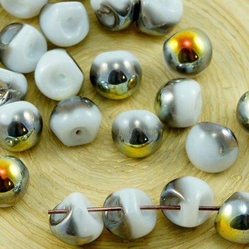 12pcs opaque blanc albâtre métallisé argent marea or la moitié des champignons bouton de verre tchèq sku-30919