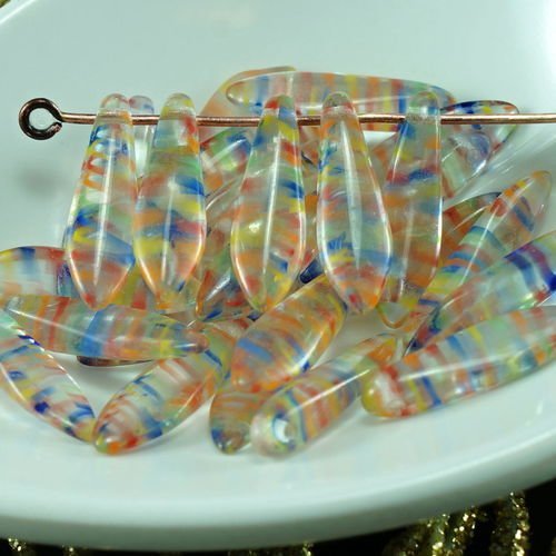 30pcs cristal multicolore rayé le verre tchèque poignard perles feuille plate de 5 mm x 16mm sku-25822