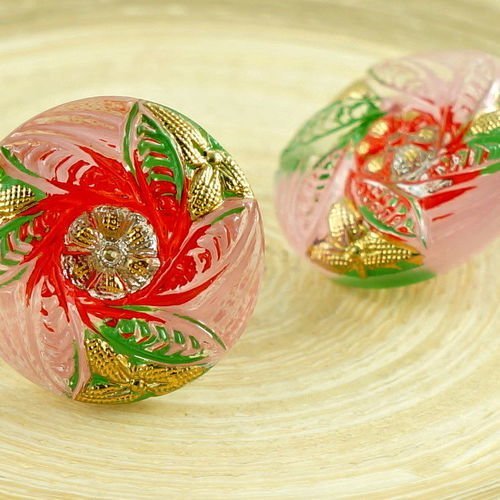 1pc cristal valentine rose vert or rouge rond de fleurs à la main le verre tchèque bouton taille 8 1 sku-30774