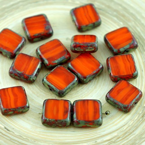 Picasso brun opale orange rayé halloween taille de table rustique plat carré de verre tchèque perles sku-28752