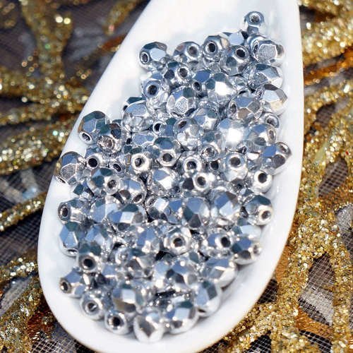 100pcs metallic silver petits tchèque en verre à facettes perles rondes d'incendie poli écarteur 3mm sku-17182