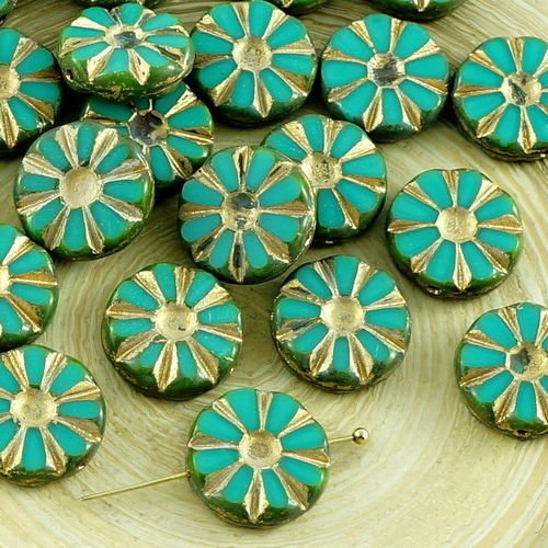 8pcs picasso turquoise vert or de lavage tableau de fleurs coupées plat pièce de verre tchèque perle sku-30802
