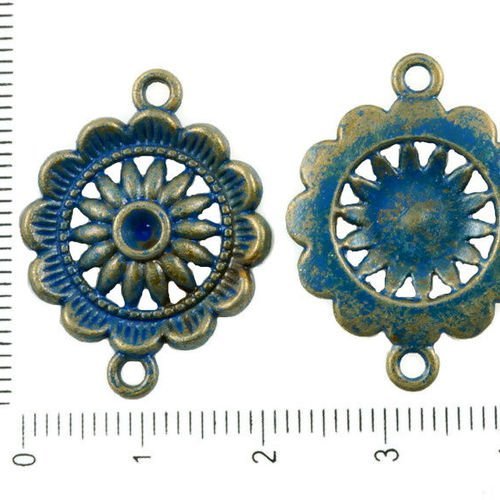 6pcs bronze antique tons de bleu patine laver ronde fleur strass paramètres deux à 2 trous focal con sku-37020