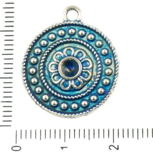 6pcs antique ton argent bleu patine laver fleur monnaie rond focal cercle strass paramètres pendenti sku-37076
