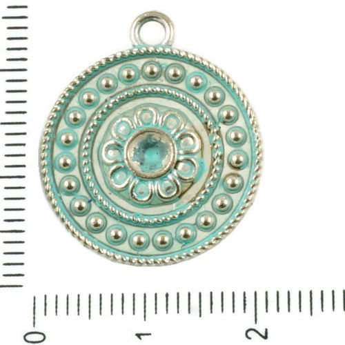 6pcs antique ton argent bleu turquoise patine laver fleur monnaie rond focal cercle strass paramètre sku-37079