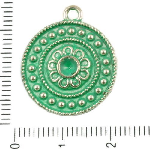6pcs antique ton argent turquoise patine verte laver fleur monnaie rond focal cercle strass paramètr sku-37080