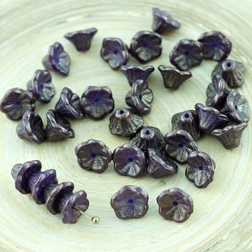 40pcs or briller marron violet verre tchèque bell fleur de perle de bouchons 7mm x 5mm sku-28900