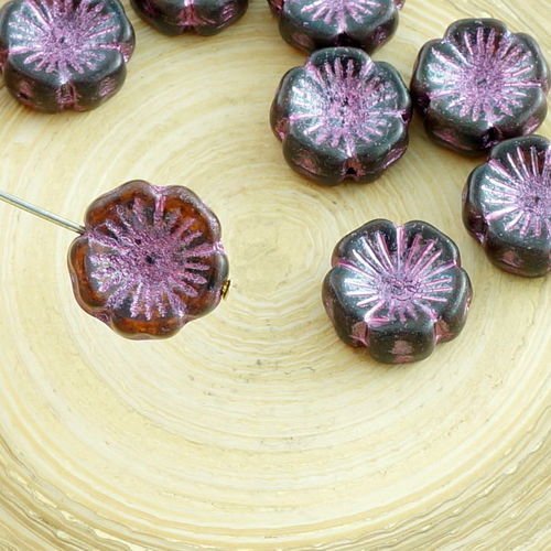 4pcs picasso opale brun métallique valentine rose laver le verre tchèque plat perles fleur 14mm x sku-30438