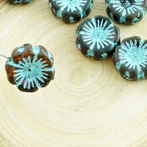 4pcs picasso brun opale turquoise laver le verre tchèque plat perles fleur 14mm x sku-30431