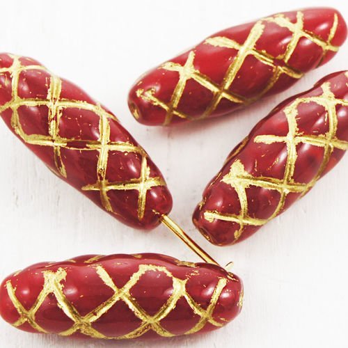 6pcs opale en or rouge patine laver ovale sculpté tube rayé à carreaux de verre tchèque perles de 22 sku-38506