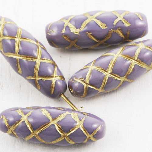 6pcs opaque soyeux violet améthyste en or patine laver ovale sculpté tube rayé à carreaux de verre t sku-38510