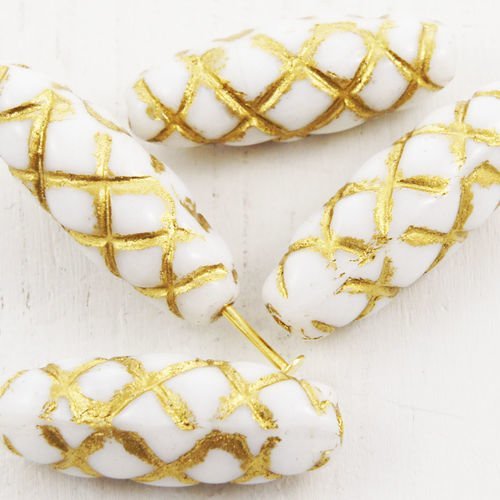 6pcs opaque en or blanc patine laver sculpté tube rayé à carreaux de verre tchèque perles de 22mm x  sku-38513