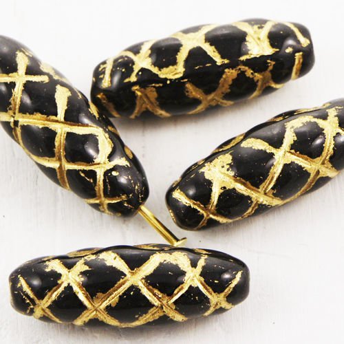 6pcs opaque noir de jais or patine laver sculpté tube rayé à carreaux de verre tchèque perles de 22m sku-38516