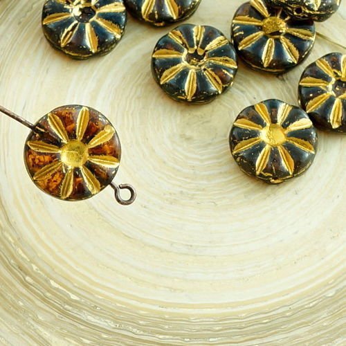 8pcs picasso brun opale bronze doré laver fleur plat pièce de verre tchèque perles de 12mm sku-30410