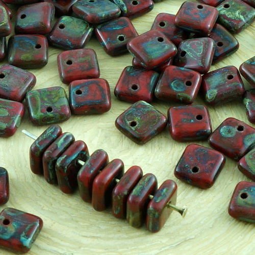 30pcs picasso brun rouge corail plat carré paillettes squarelet un trou puces perle en verre tchèque sku-31354