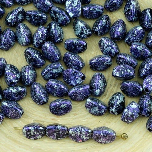 60pcs opaque jet de granit noir tweedy pourpre violet argent patine repéré pincée bicone à facettes  sku-34423