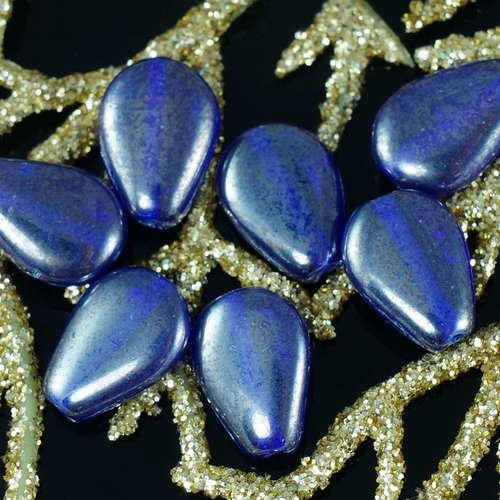 Grand metallic silver royal bleu tchèque verre plat en forme de larme pétale de fleur perles 11mm x  sku-18321