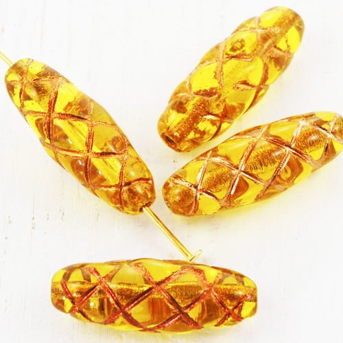 6pcs cristal ambre jaune clair bronze patine laver ovale sculpté tube rayé à carreaux de verre tchèq sku-38494