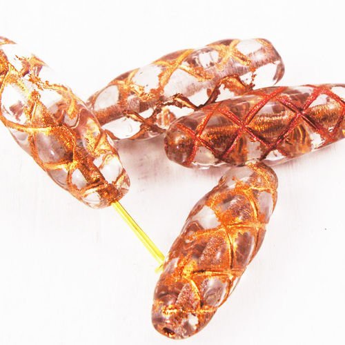 6pcs cristal clair en bronze à patine laver ovale sculpté tube rayé à carreaux de verre tchèque perl sku-38495