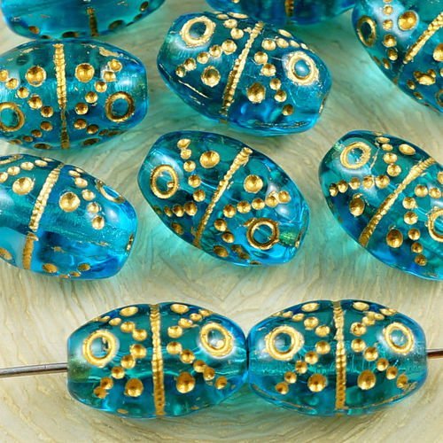 10pcs cristal aigue-marine bleu turquoise or de lavage de pâques oeuf d'oiseau à rayures en pointill sku-37715