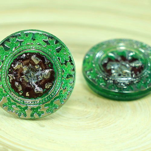 1pc vert brun argent fleur étoile à la main le verre tchèque bouton taille 10 23 5 mm sku-27476