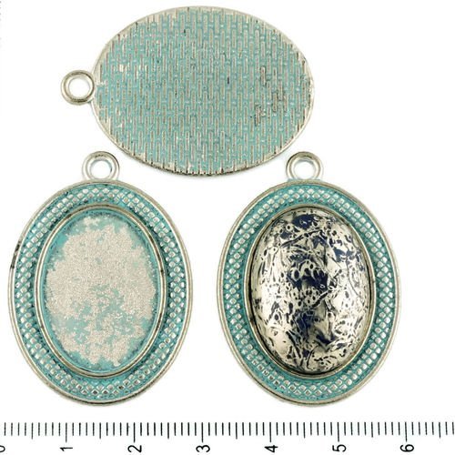 2pcs tchèque bleu turquoise patine antique ton argent grand ovale pendentif plaid cabochon paramètre sku-34195
