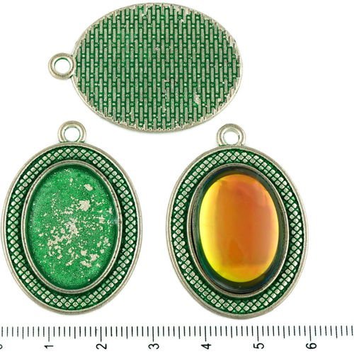 2pcs tchèque vert turquoise patine antique ton argent grand ovale pendentif plaid cabochon paramètre sku-34198