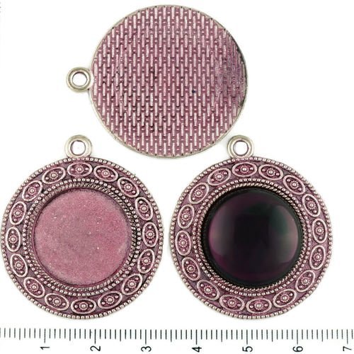 2pcs tchèque rose patine antique ton argent grand pendentif rond cabochon paramètres de fleur lunett sku-34223