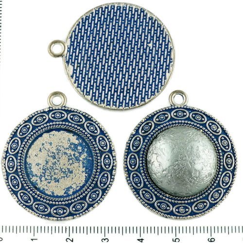 2pcs tchèque bleu patine antique ton argent grand pendentif rond cabochon paramètres de fleur lunett sku-34225