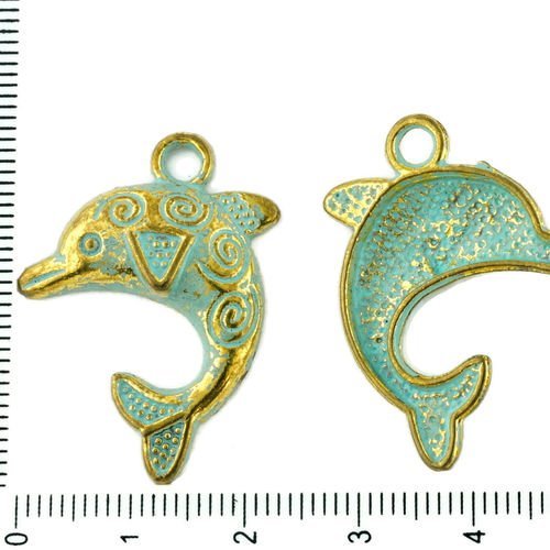 4pcs tchèque bleu turquoise patine antique de l'or de tonalité grand trou dauphin poisson marin de l sku-34042