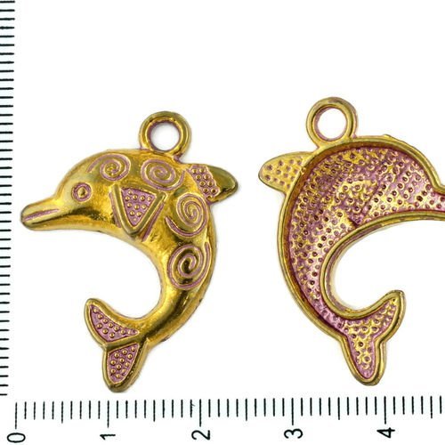 4pcs tchèque valentine rose patine antique de l'or de tonalité grand trou dauphin poisson marin de l sku-34044