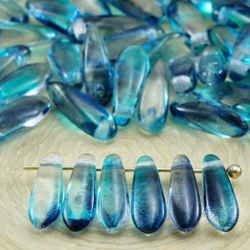 50pcs bleu cristal arc-en-ciel petit poignard à plat de feuilles de verre tchèque perles 11mm x 3mm sku-32782