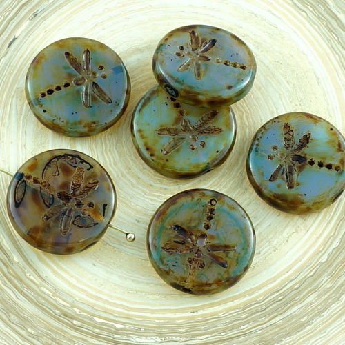 4pcs picasso cristal jaune opale travertin mat rustique libellule plat pièce ronde verre tchèque per sku-30443