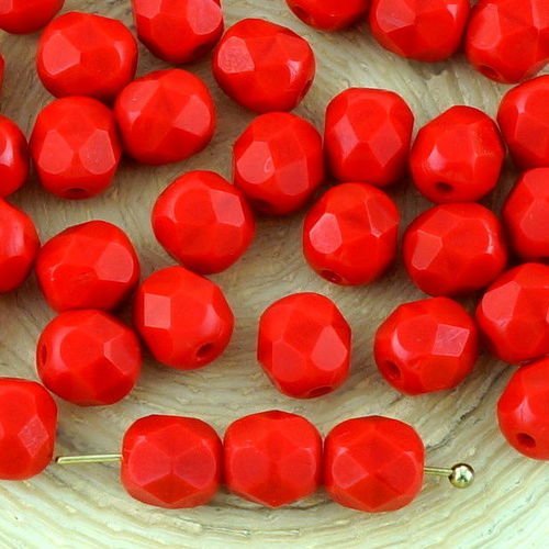 40pcs opaque rouge corail rond à facettes feu poli entretoise de verre tchèque perles de 6mm sku-33192