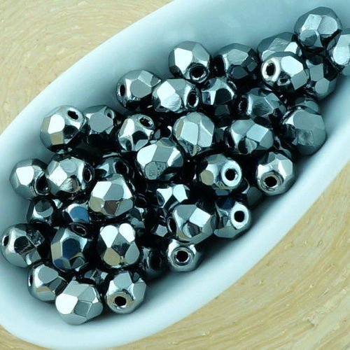 100pcs metallic dark silver chrome rond à facettes feu poli petite entretoise tchèque perles de verr sku-33449