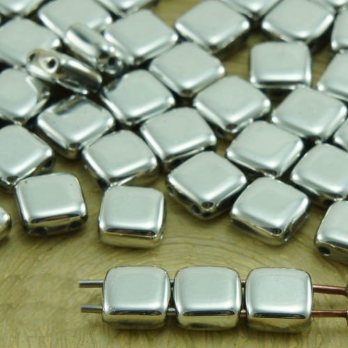 40pcs metallic silver-labrador plein de tuiles plates carré 2 deux trou de verre tchèque perles de 6 sku-33838