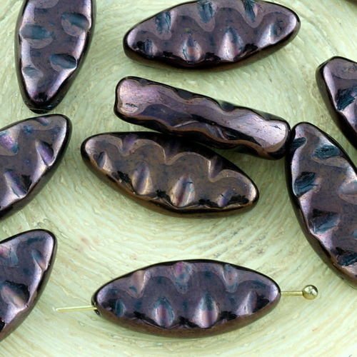 10pcs métallique brillant bronze brun lustre ovale plat agité sculpté de pétales de verre tchèque pe sku-34408