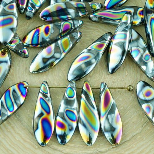 30pcs cristal de paon dichroïque vitrail bordée de poignard plat de feuilles de verre tchèque perles sku-34453