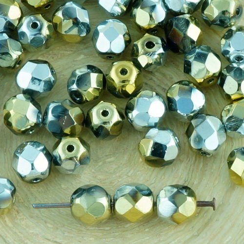 40pcs métallisé pailleté d'or de californie argent ronde à facettes feu poli entretoise de verre tch sku-34602
