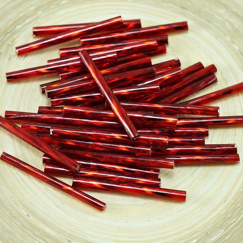 64pcs x 25mm extra longue rouge foncé argent bordée enrouler autour du verre tchèque perles de bugle sku-26851