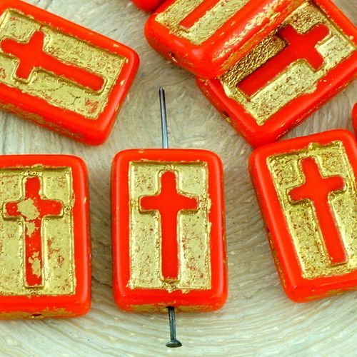 4pcs opaque coraline corail rouge mat or patine rectangle plat de la croix chrétienne chapelet cruci sku-35100
