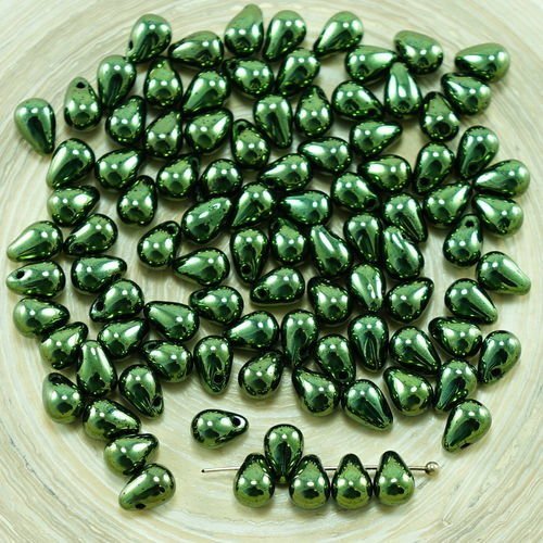 40pcs vert métallique lustre verre tchèque petite larme perles de 4 mm x 6 mm sku-27328