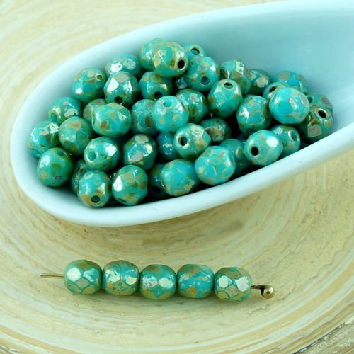 100pcs bleu turquoise argent picasso ronde verre tchèque perles à facettes feu poli petite entretois sku-28694