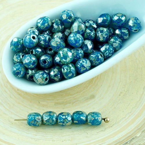 100pcs bleu aigue-marine en argent picasso ronde verre tchèque perles à facettes feu poli petite ent sku-28698