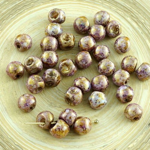 30pcs picasso brun pourpre à l'or l'éclat des champignons bouton de verre tchèque perles de 6mm x 5m sku-30342